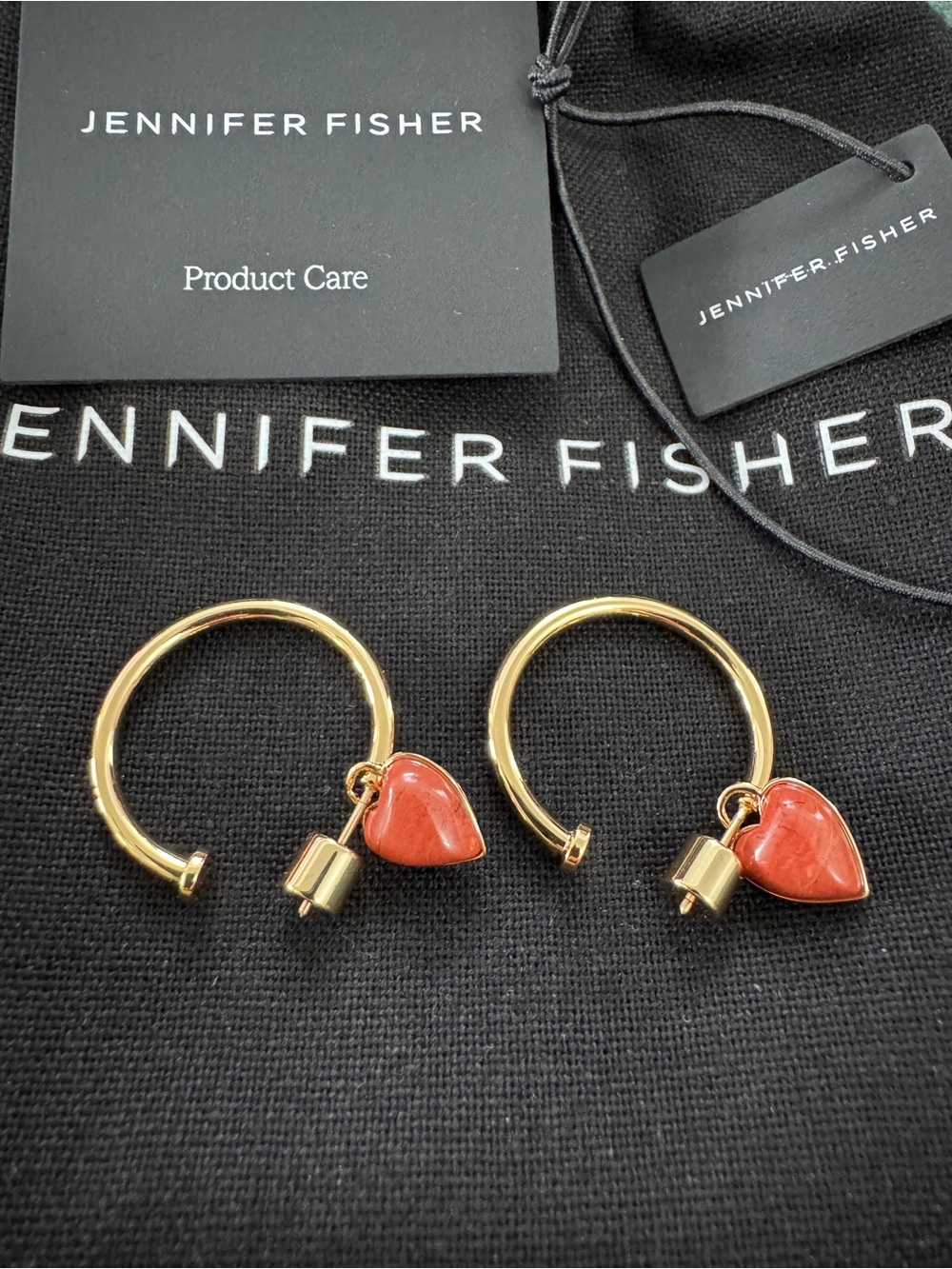 Jennifer Fisher 14k Gold Hoop Earrings with Red Jasper Heart